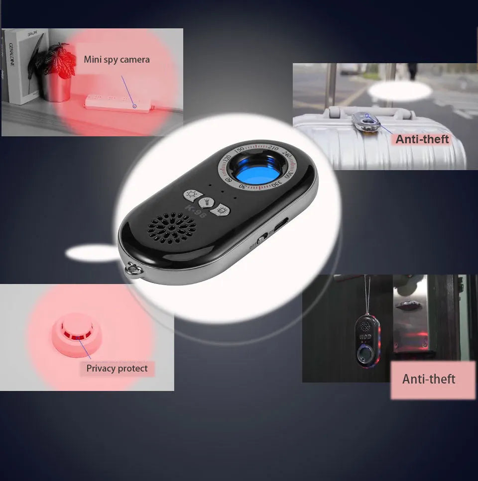 Compact black wireless signal detector with dimensions 85mm by 40mm for travel security and anti-theft monitoring.