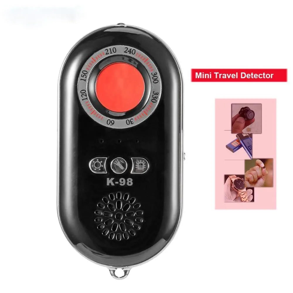 Compact black wireless signal detector with dimensions 85mm by 40mm for travel security and anti-theft monitoring.