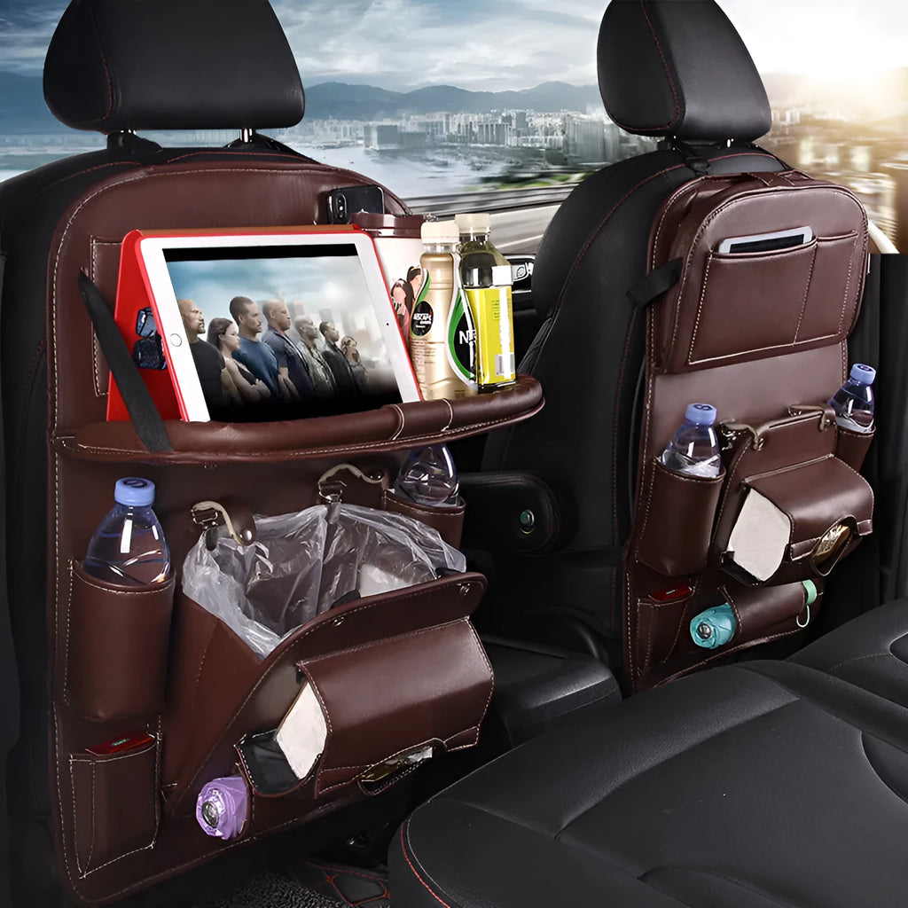 PU leather car seat back storage hanging bag with multiple pockets and built-in trash can