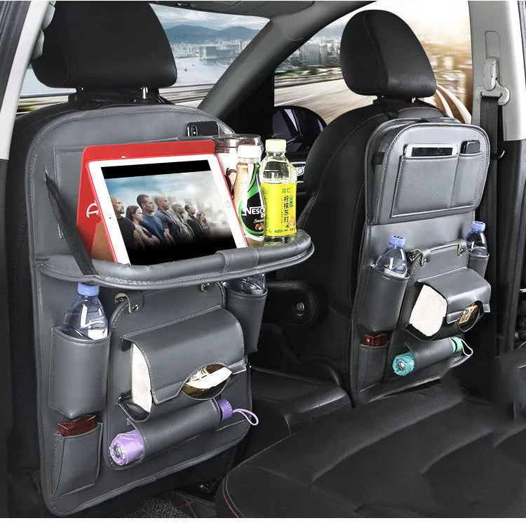 PU leather car seat back storage hanging bag with multiple pockets and built-in trash can