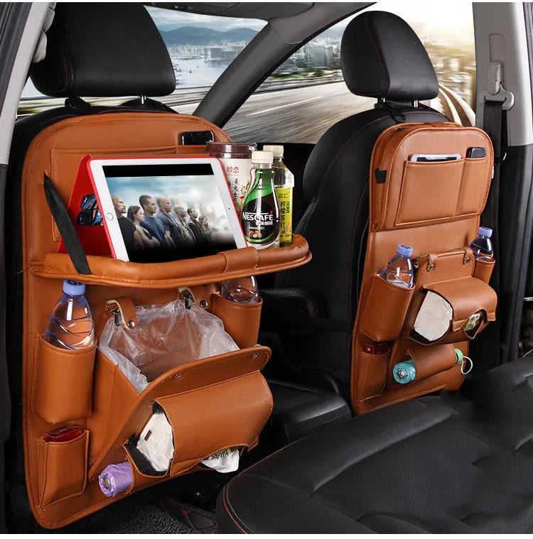 PU leather car seat back storage hanging bag with multiple pockets and built-in trash can