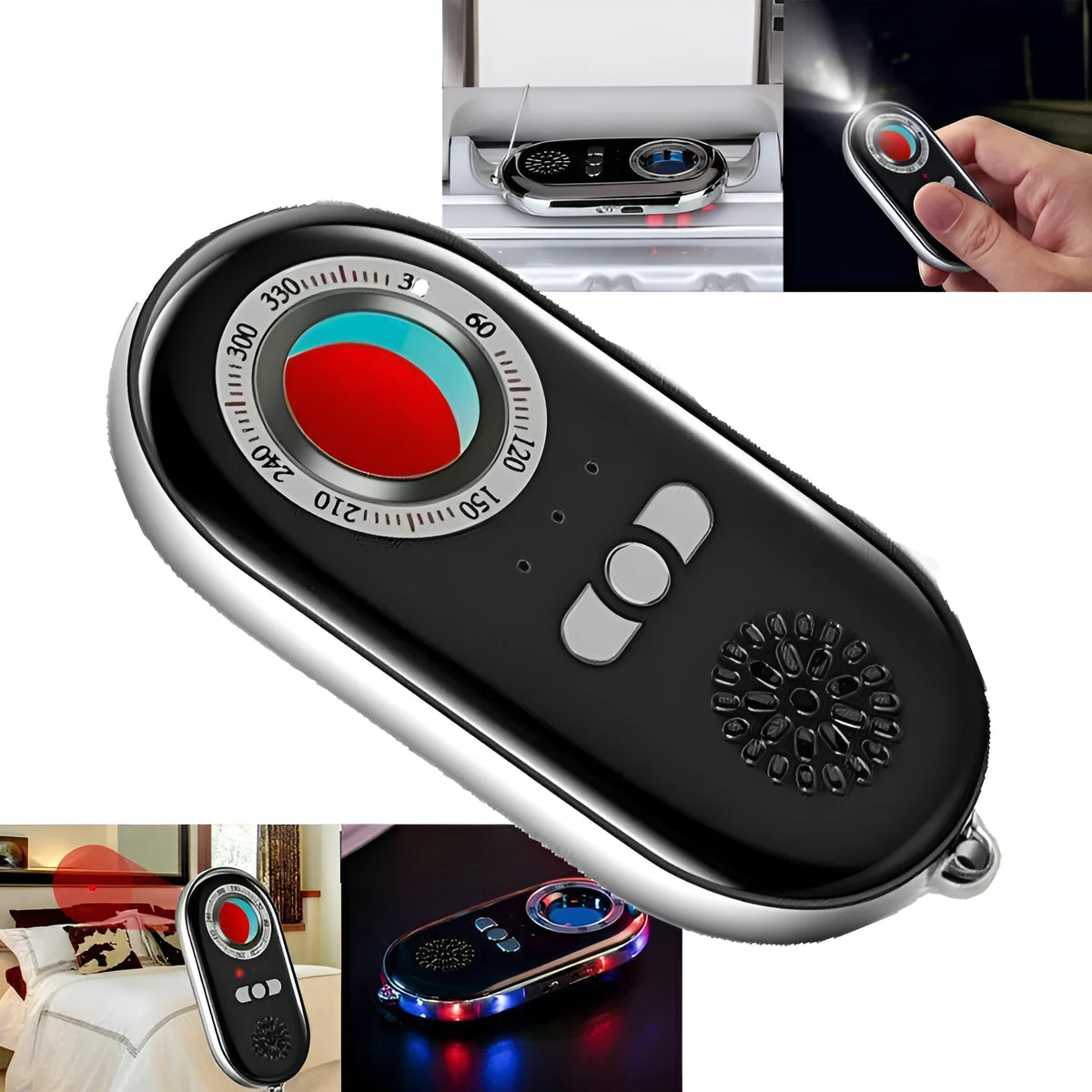 Compact black wireless signal detector with dimensions 85mm by 40mm for travel security and anti-theft monitoring.