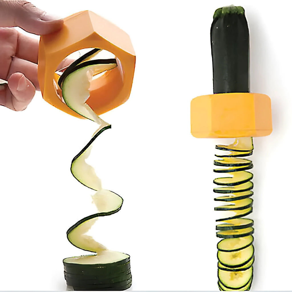 Yellow and green plastic vegetable spiral slicer for cucumbers on a kitchen counter.