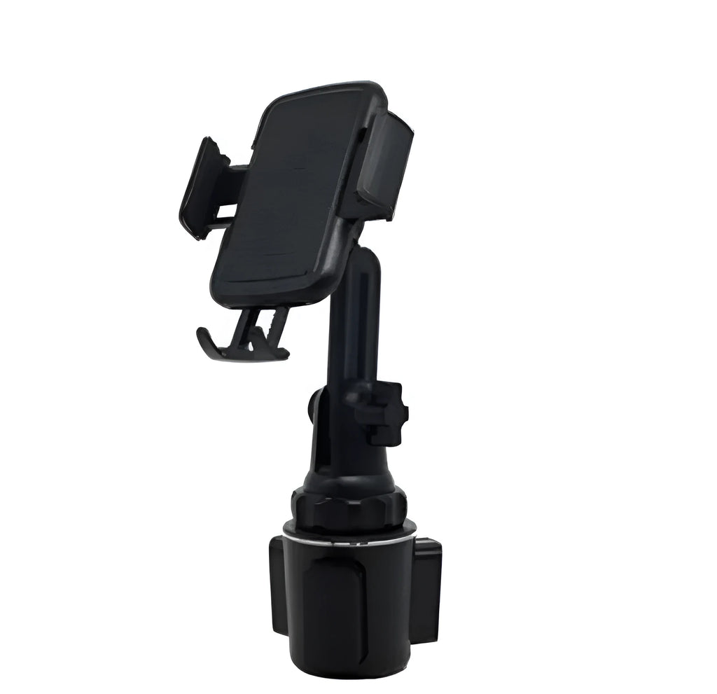 Black ABS plastic car phone holder showing 360-degree rotation mechanism and adjustable height bracket