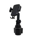 Black ABS plastic car phone holder showing 360-degree rotation mechanism and adjustable height bracket