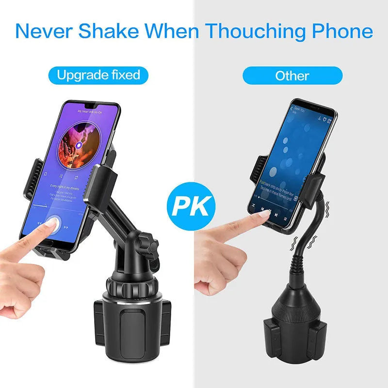 Black ABS plastic car phone holder showing 360-degree rotation mechanism and adjustable height bracket
