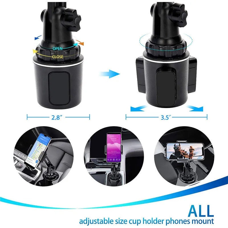 Black ABS plastic car phone holder showing 360-degree rotation mechanism and adjustable height bracket