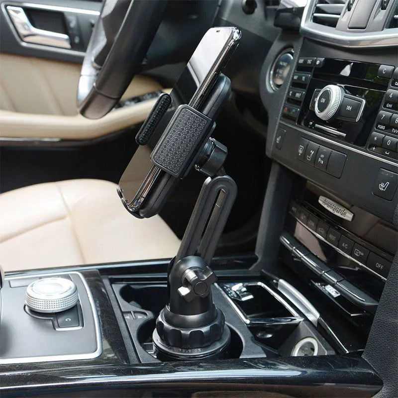 Black ABS plastic car phone holder showing 360-degree rotation mechanism and adjustable height bracket