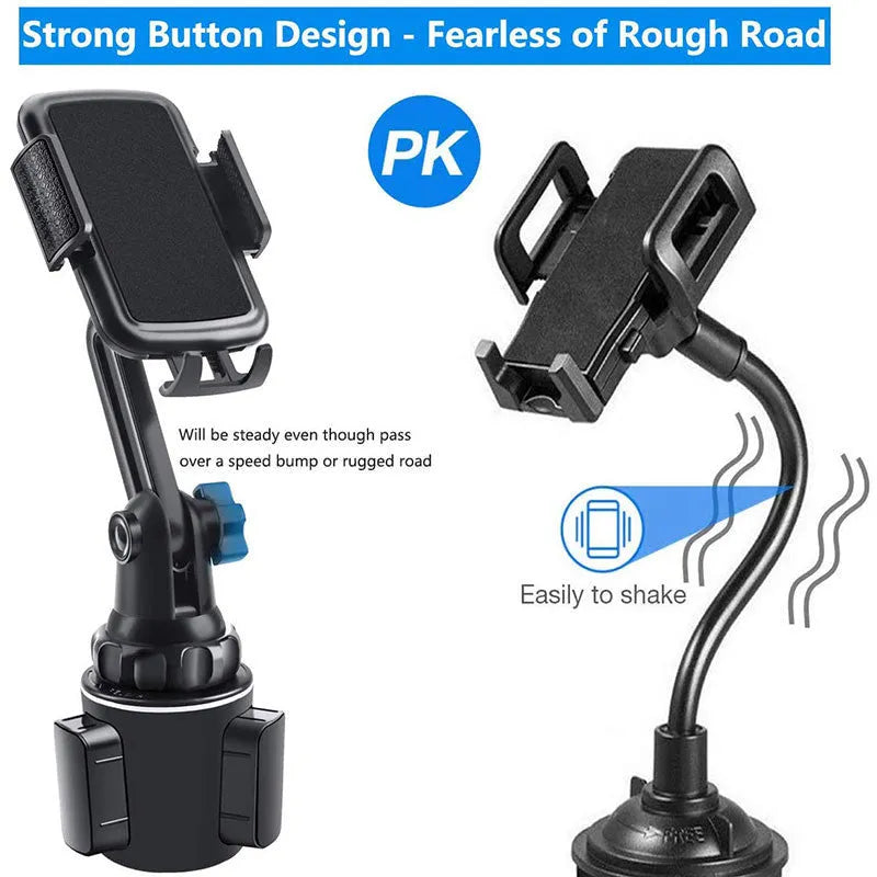Black ABS plastic car phone holder showing 360-degree rotation mechanism and adjustable height bracket