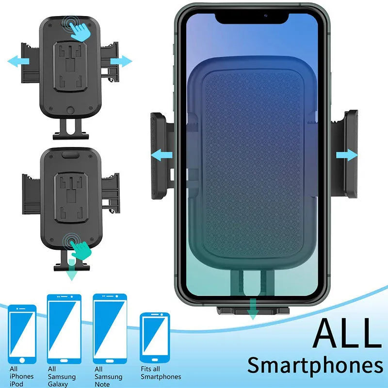 Black ABS plastic car phone holder showing 360-degree rotation mechanism and adjustable height bracket