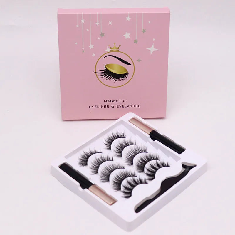 Magnetic false eyelashes and eyeliner set with five pairs of reusable mink lashes.