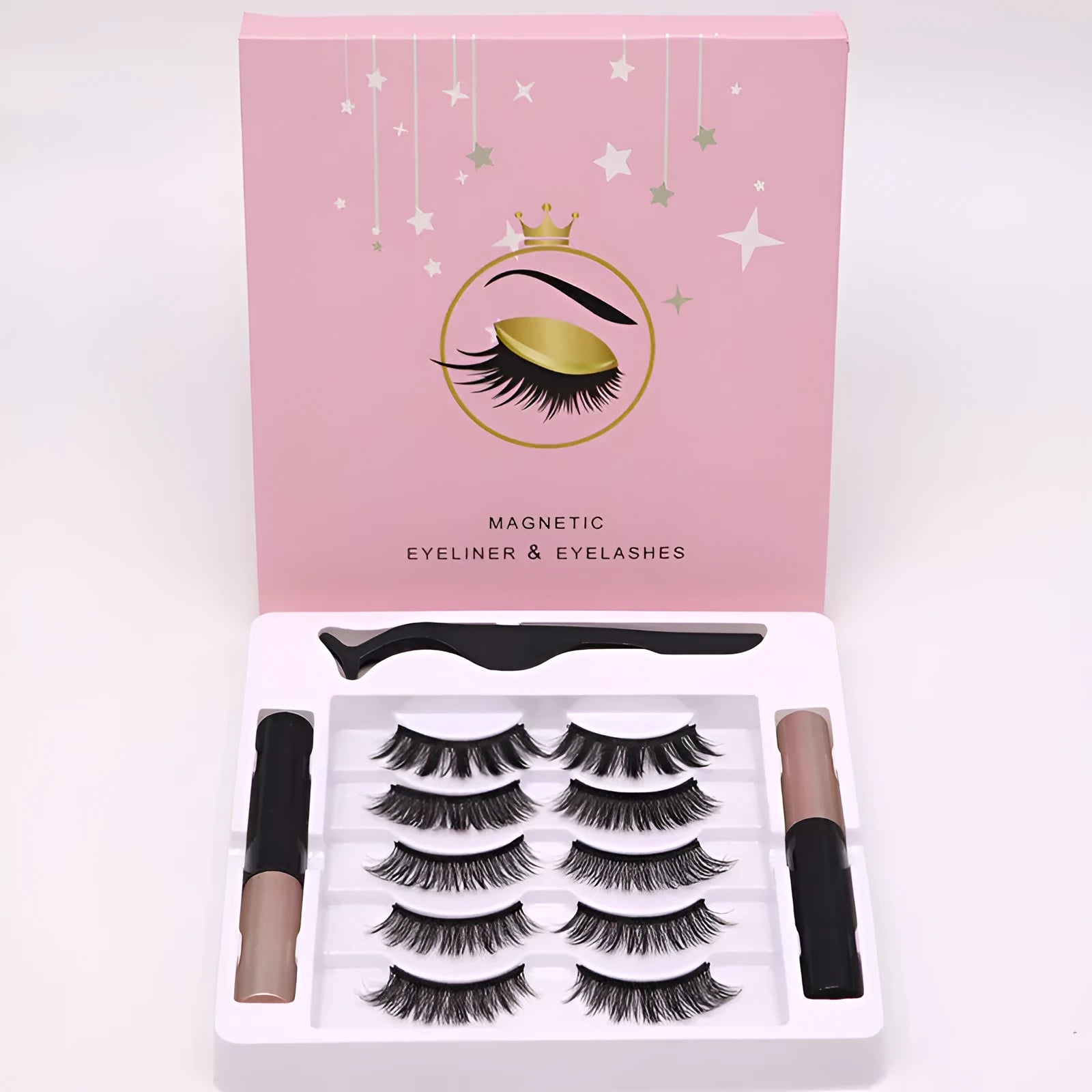 Magnetic false eyelashes and eyeliner set with five pairs of reusable mink lashes.