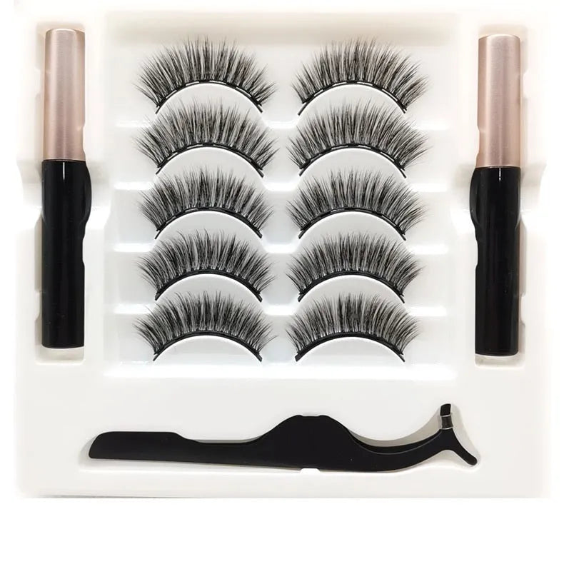 Magnetic false eyelashes and eyeliner set with five pairs of reusable mink lashes.