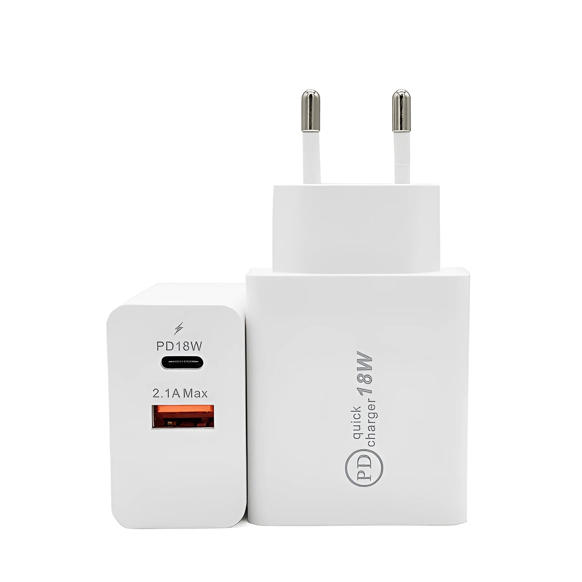 18W USB-C PD fast charger with bare metal housing in black or white with US or EU plug
