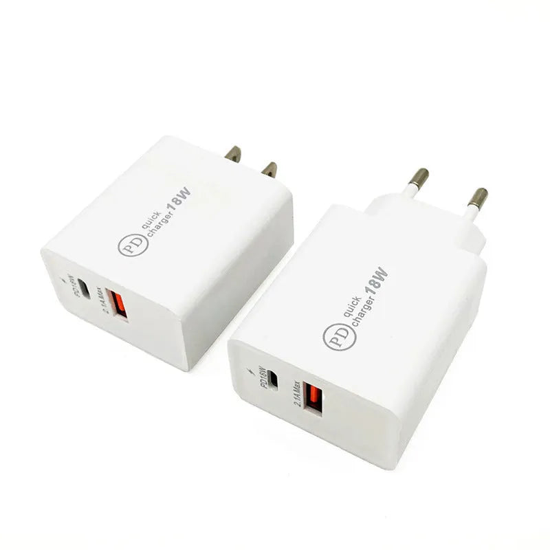 18W USB-C PD fast charger with bare metal housing in black or white with US or EU plug