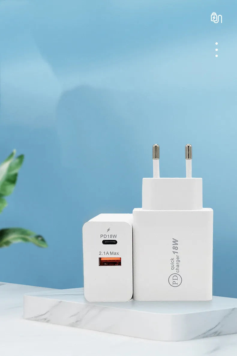 18W USB-C PD fast charger with bare metal housing in black or white with US or EU plug
