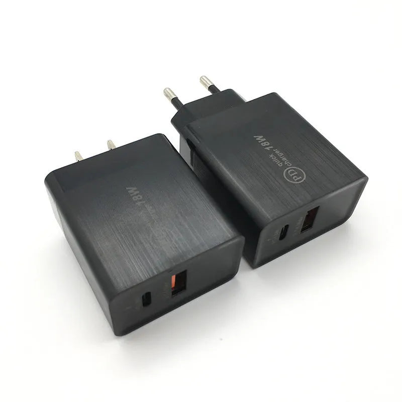 18W USB-C PD fast charger with bare metal housing in black or white with US or EU plug