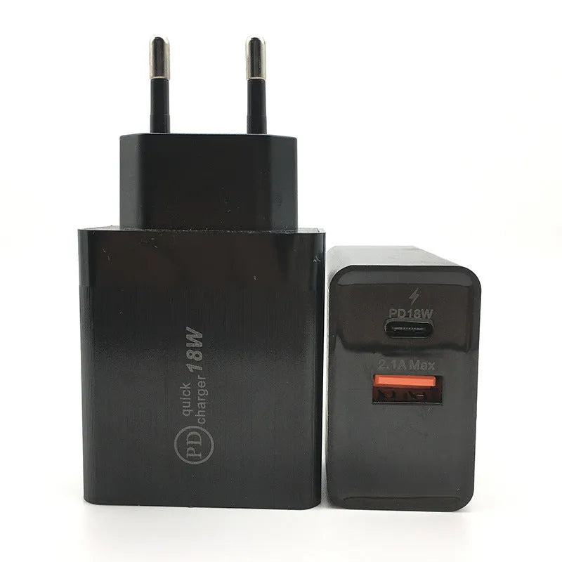 18W USB-C PD fast charger with bare metal housing in black or white with US or EU plug