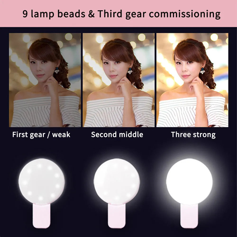 Mini clip-on LED fill light attached to mobile phone for selfie photography