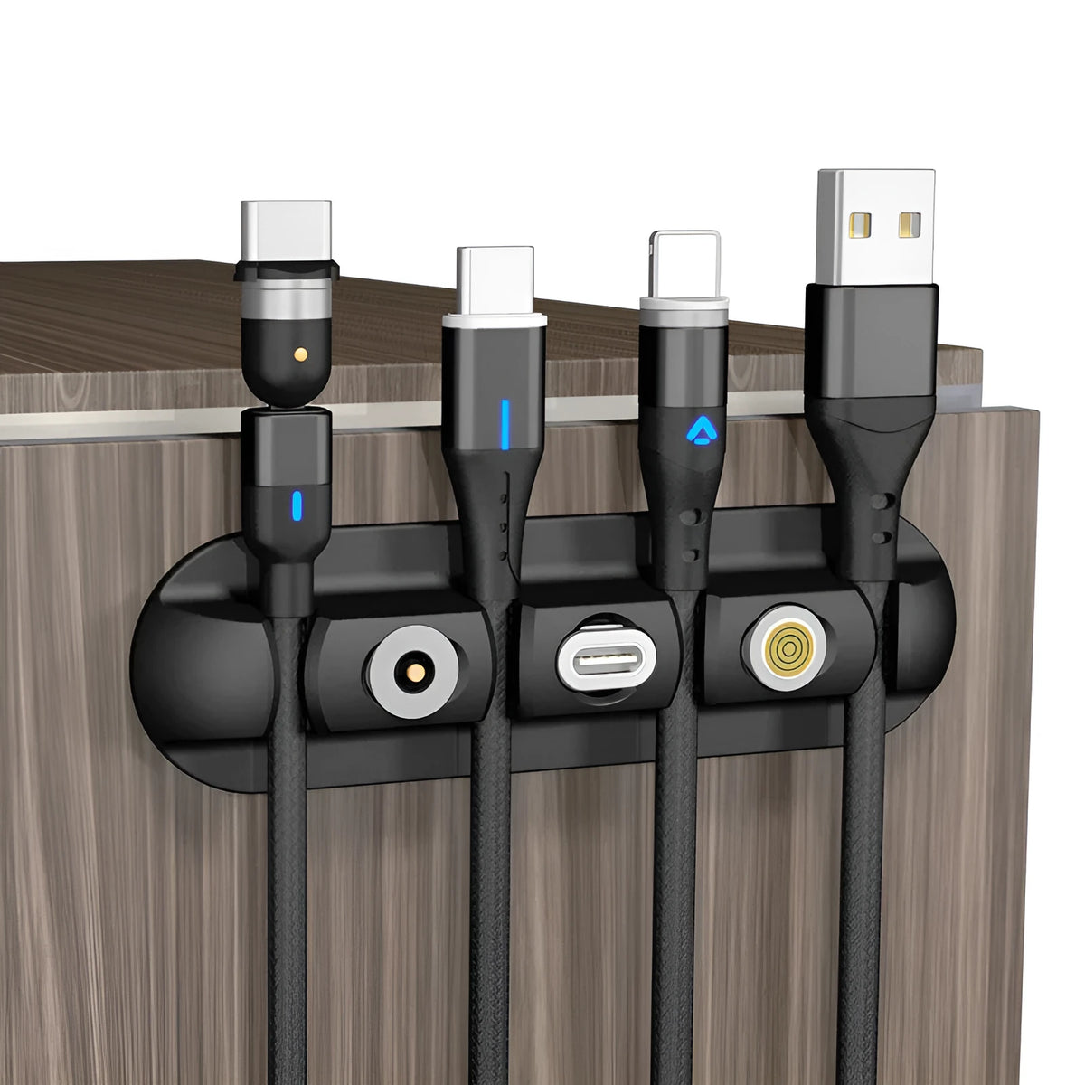Black soft plastic desktop charging base stand with magnetic cable organiser