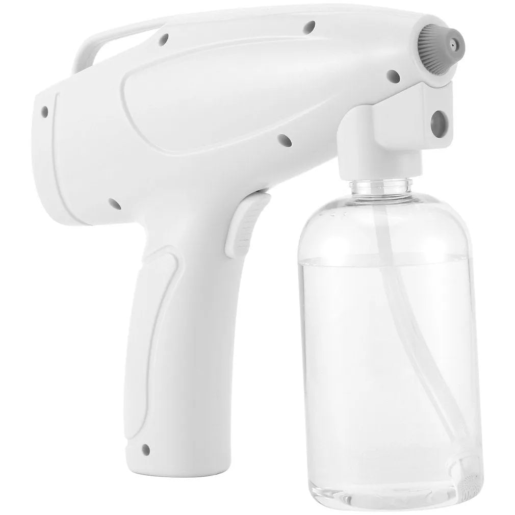White cordless electric handheld spray disinfection gun with USB charging cable