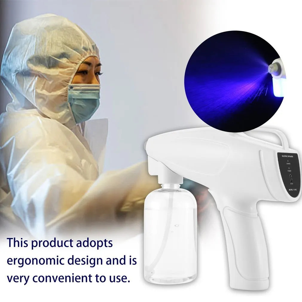 White cordless electric handheld spray disinfection gun with USB charging cable