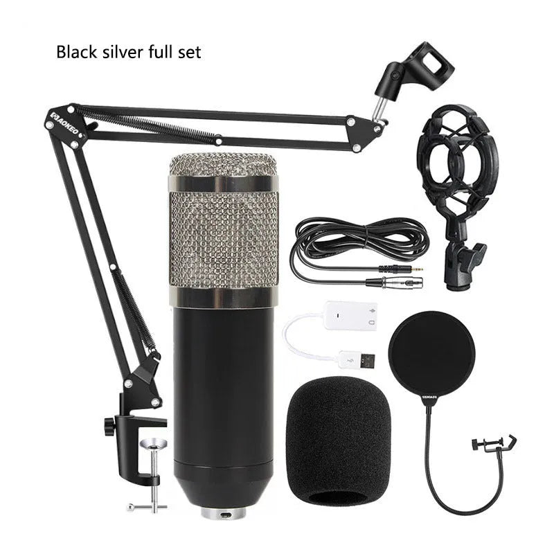 BM800 condenser microphone kit with cantilever bracket, shock mount, and pop filter in black colour