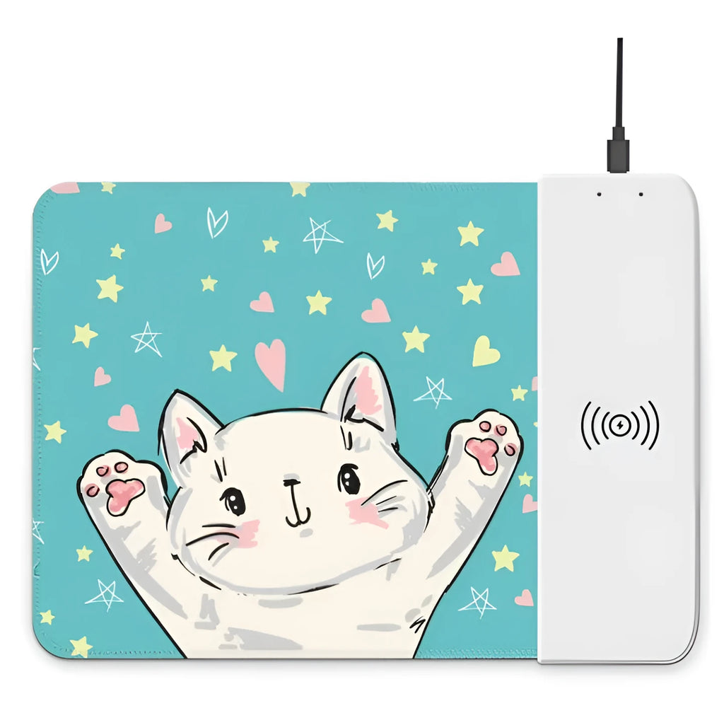 Cartoon design wireless charging mouse pad with RGB lighting, showing cloth surface and USB cable.