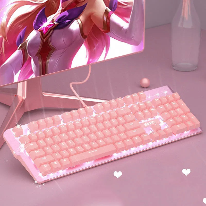 Pink wired mechanical keyboard and matching mouse set on a desktop.
