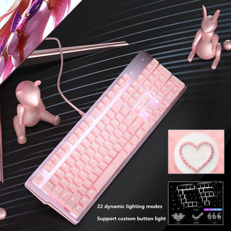 Pink wired mechanical keyboard and matching mouse set on a desktop.