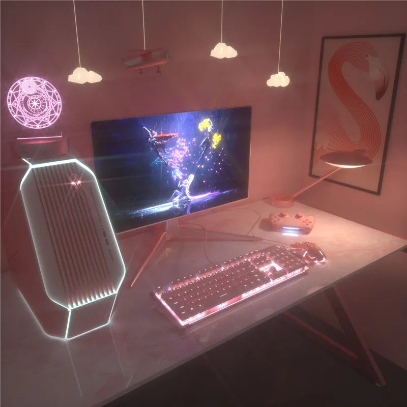 Pink wired mechanical keyboard and matching mouse set on a desktop.