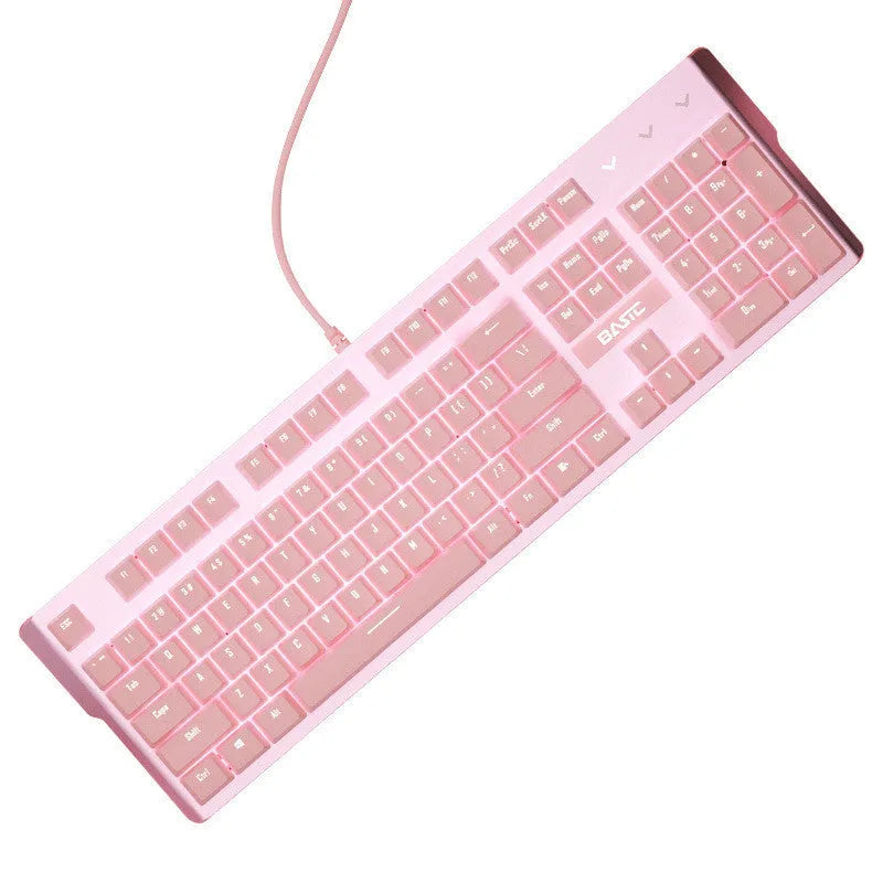 Pink wired mechanical keyboard and matching mouse set on a desktop.