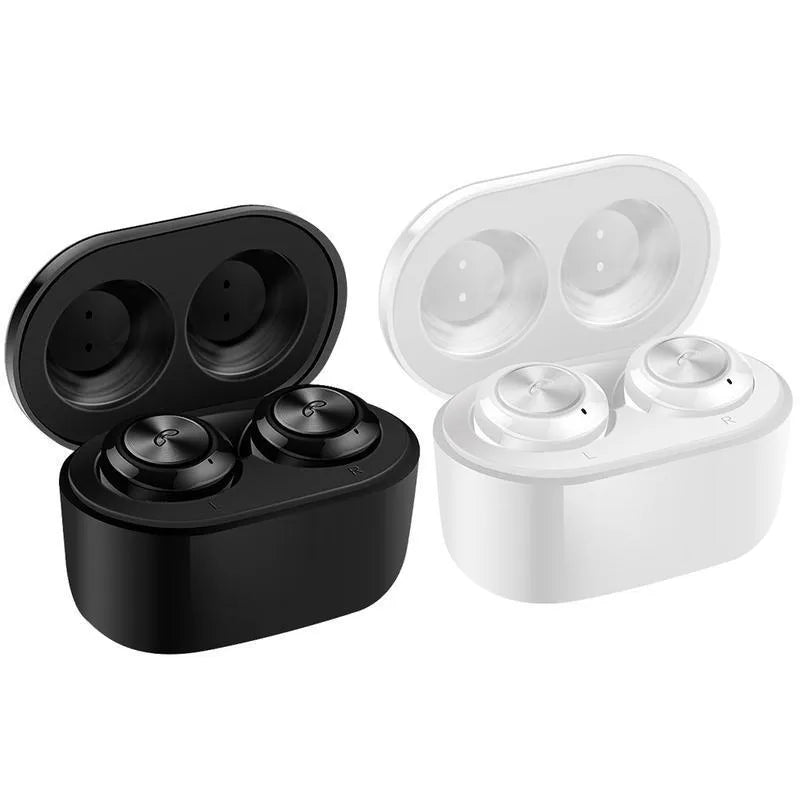 A6 black and white wireless Bluetooth earbuds with noise cancelling and 10 metre range