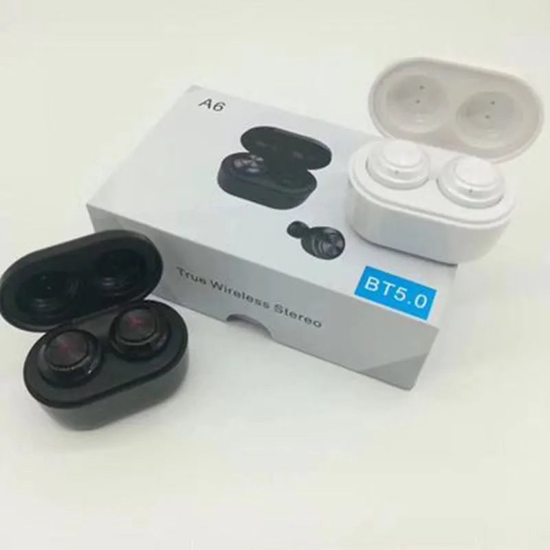 A6 black and white wireless Bluetooth earbuds with noise cancelling and 10 metre range