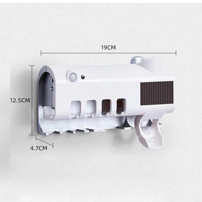 Black intelligent UV toothbrush steriliser with automatic toothpaste squeezer mounted on bathroom wall