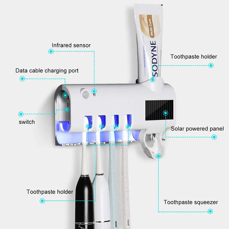 Black intelligent UV toothbrush steriliser with automatic toothpaste squeezer mounted on bathroom wall