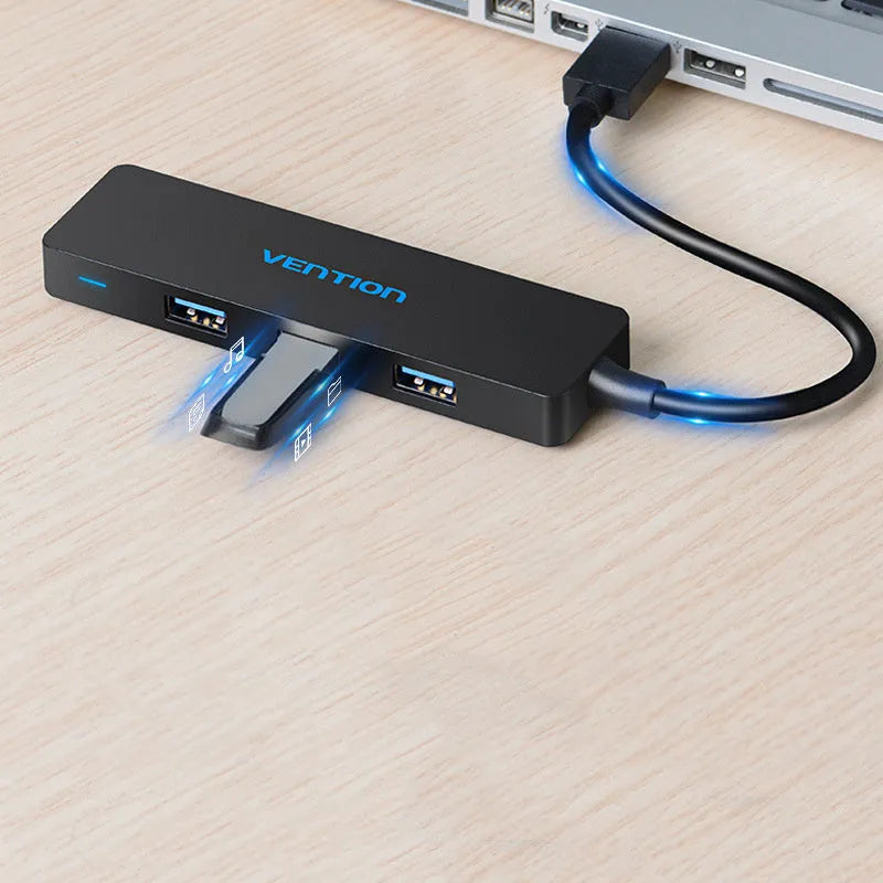 Black four-port USB 3.0 hub with GL 3510 chip and shielded cable