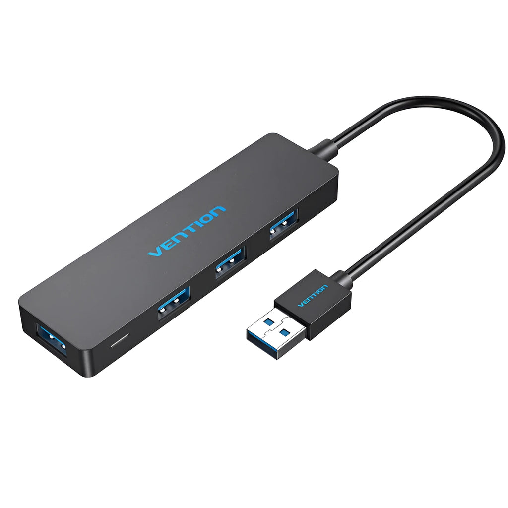 Black four-port USB 3.0 hub with GL 3510 chip and shielded cable