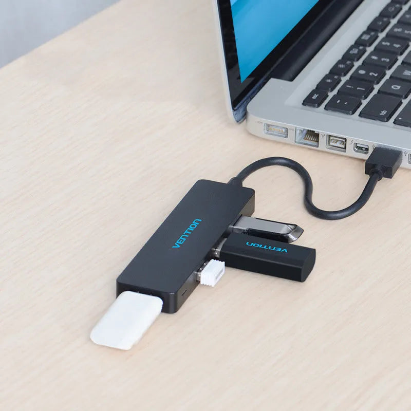 Black four-port USB 3.0 hub with GL 3510 chip and shielded cable