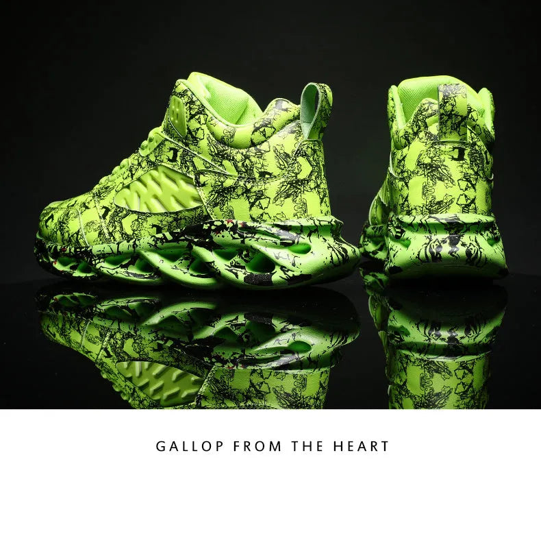 Men's black camouflage high-top basketball shoe with a rubber sole.