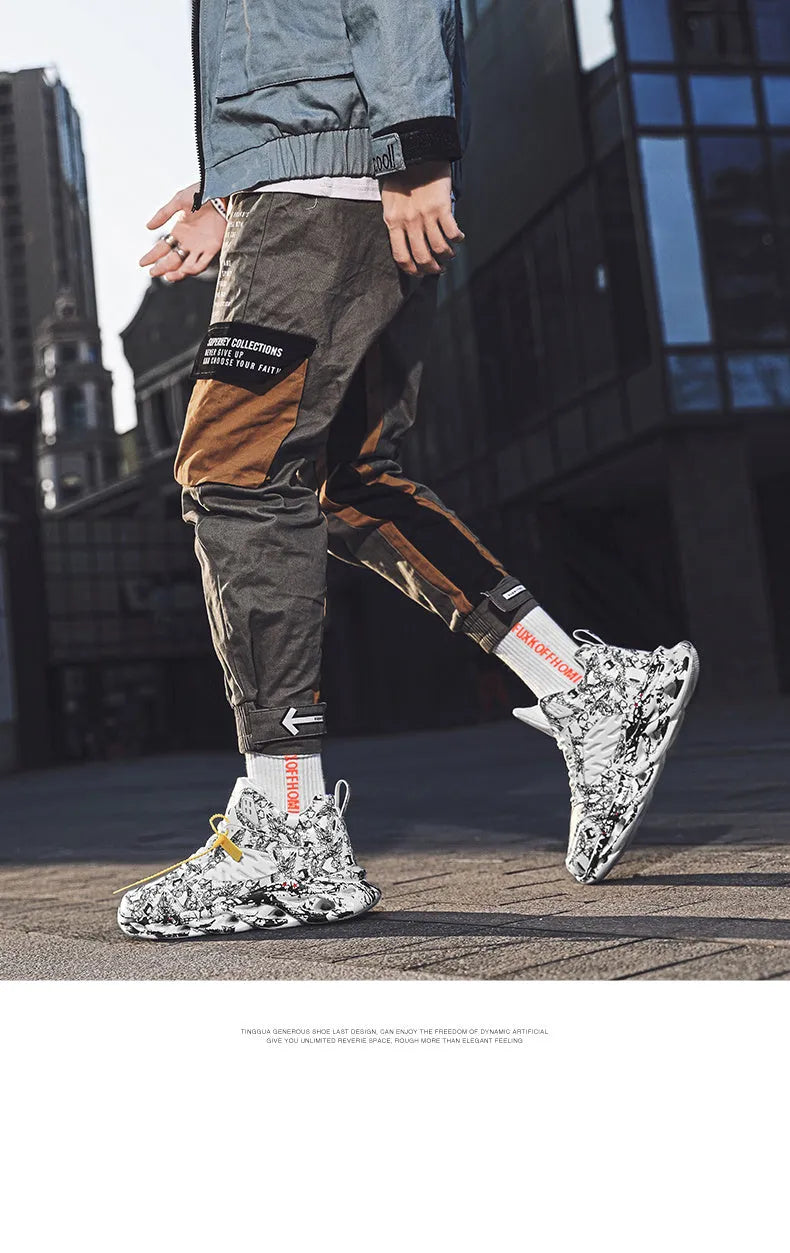Men's black camouflage high-top basketball shoe with a rubber sole.