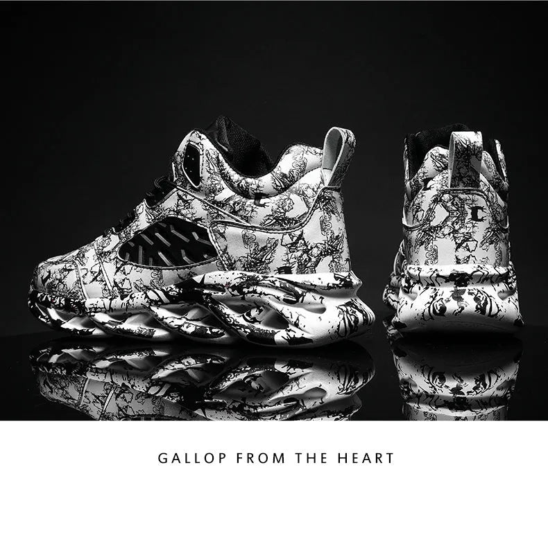 Men's black camouflage high-top basketball shoe with a rubber sole.