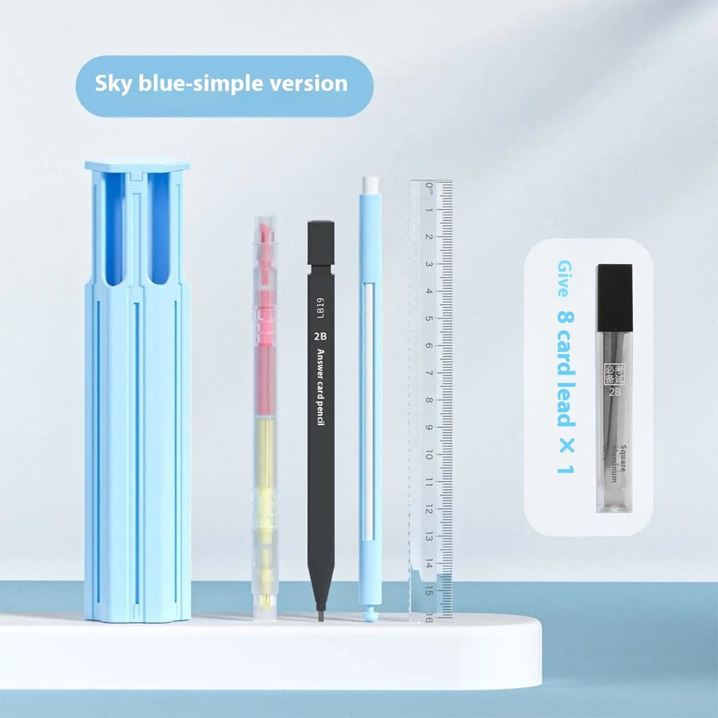 Plastic six pen pressing pencil case in white, blue or pink colour options