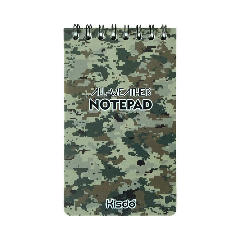 Spiral-bound waterproof office notepad showing PP cover and stone paper pages in camouflage colour option.
