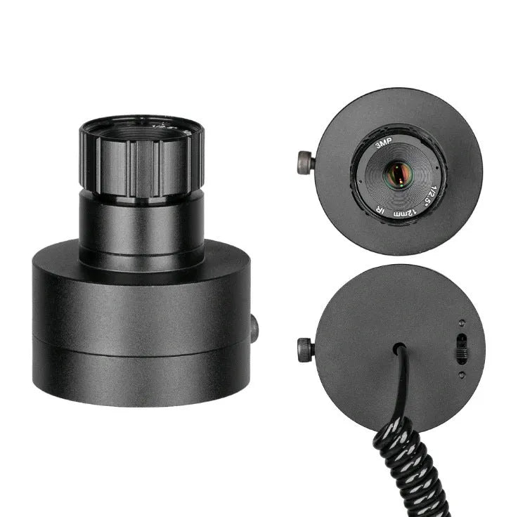 Black digital night vision goggles with a 5-inch LCD screen and separate infrared transmitter on the front.