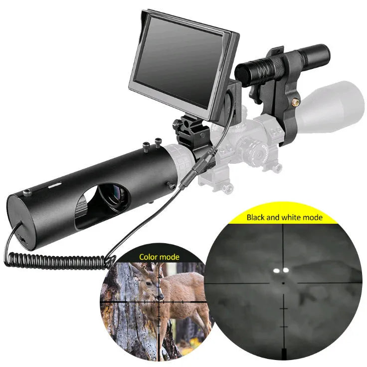 Black digital night vision goggles with a 5-inch LCD screen and separate infrared transmitter on the front.