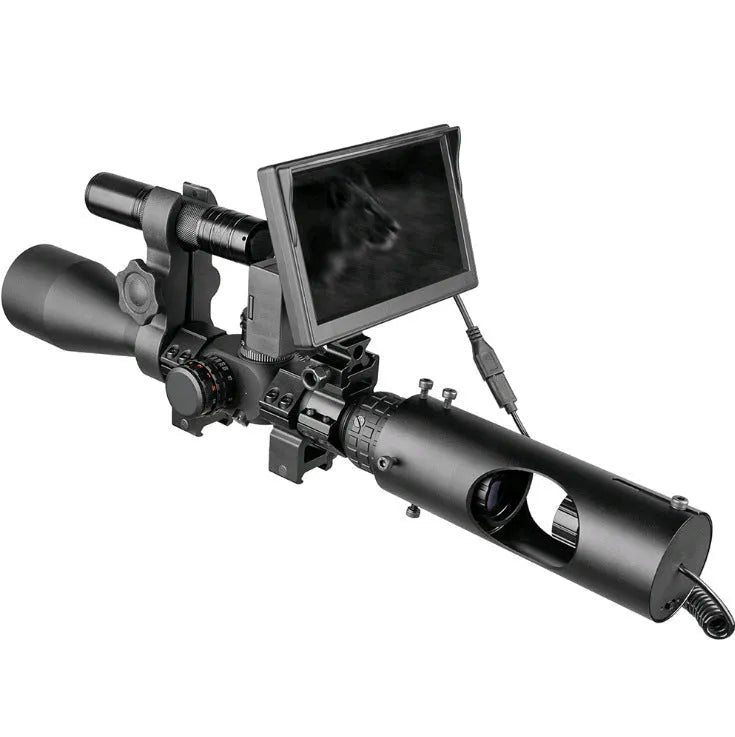 Black digital night vision goggles with a 5-inch LCD screen and separate infrared transmitter on the front.
