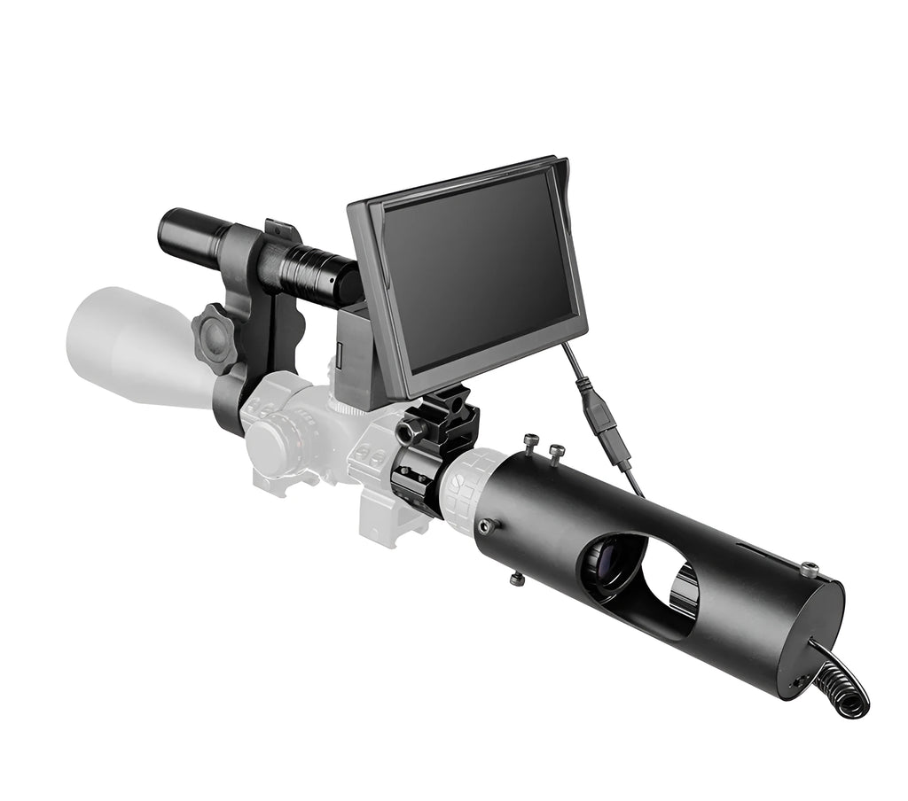 Black digital night vision goggles with a 5-inch LCD screen and separate infrared transmitter on the front.
