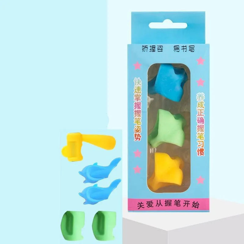 Children's pen holder writing corrector orthosis for kindergarten, showing boys' and girls' model options with practice pen holders.