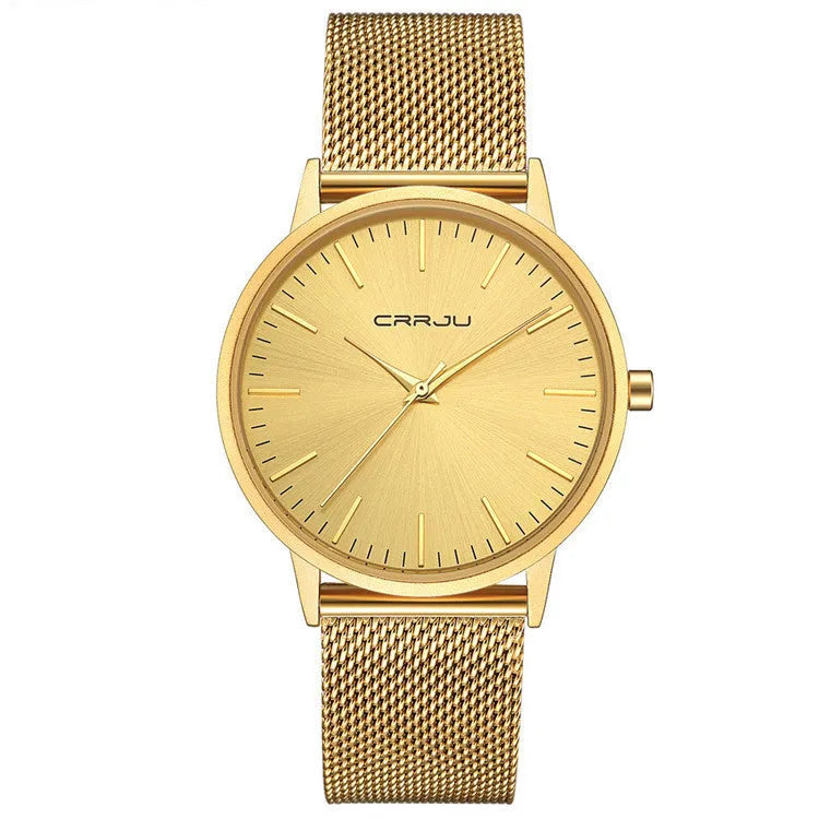 Casual quartz watch with alloy case, plexiglass mirror, and choice of mesh or leather straps in multiple colours